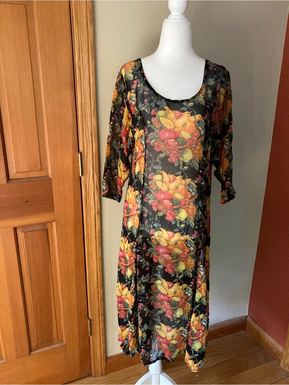 Vintage 80s 90s New Options by Kate Geddes Small Medium Fruit Print Rayon Dress